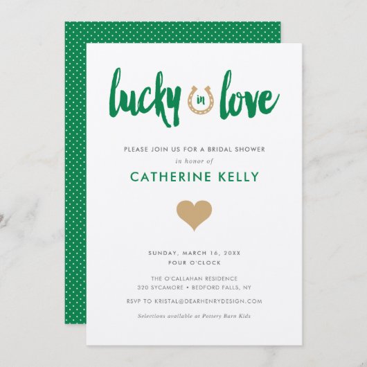 ラッキーインラブアイリッシュホースシューブライダルシャワーグリーン 招待状 (正面/裏面)