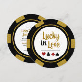 ラッキーインラブトランプのポーカーチップブラック金ゴールドベガス結婚ズ 招待状 (正面/裏面)