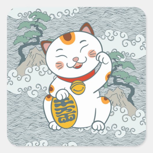 ラッキーカ日本のリコ猫 | Maneki Neko 離れ Paw スクエアシール (正面)