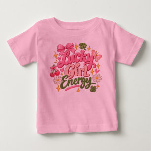 ラッキーガールエナジートドラーズTシャツ ピンクのプレッピーなデザイン ベビーTシャツ