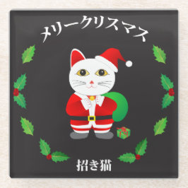 ラッキーキャットとクリスマスリース ガラスコースター