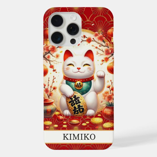 ラッキーキャットと金貨が赤いモノグラムに iPhoneケース (裏面)