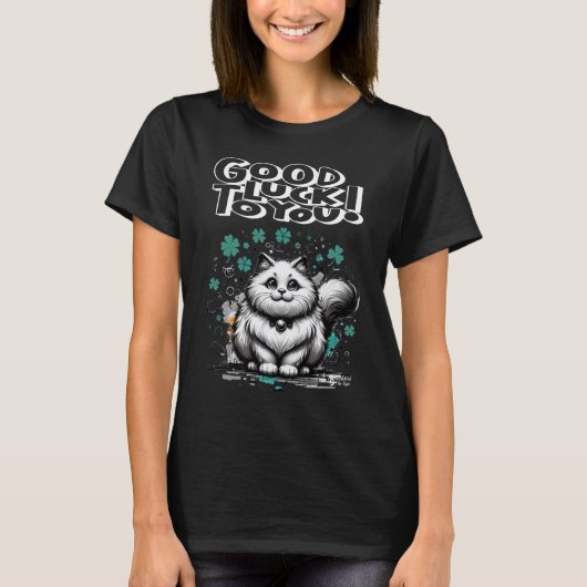ラッキーキャットウィメンズブラック Tシャツ (正面)