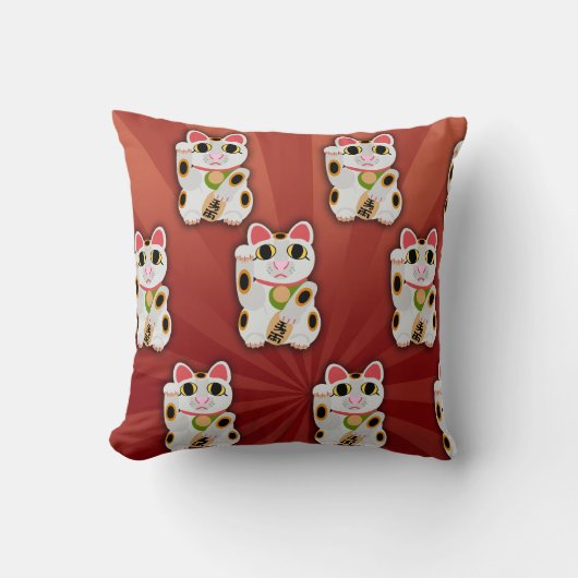ラッキーキャットカートンフォーチュンペットホワイト子猫アート クッション (正面)