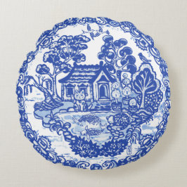 ラッキーキャットブルーウィローコイバードアジアパゴダガーデン ラウンドクッション