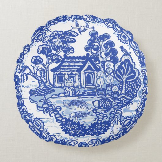 ラッキーキャットブルーウィローコイバードアジアパゴダガーデン ラウンドクッション (正面)