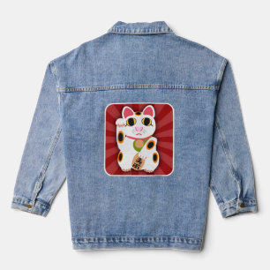 ラッキーキャットマンガかわいい白い占いおもしろい デニムジャケット