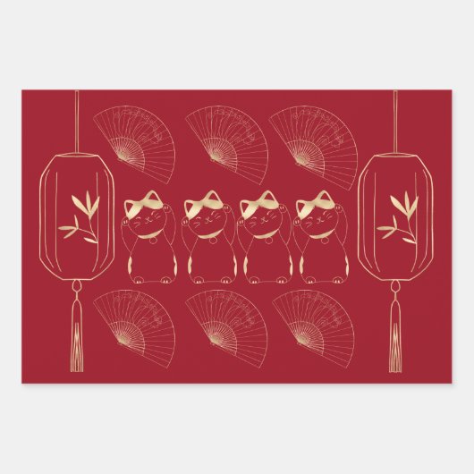 ラッキーキャット招き猫アジアの福音赤金ゴールド ラッピングペーパーシート (正面)