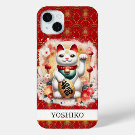 ラッキーキャット レッドフラワーモノグラム iPhone 15 MINIケース