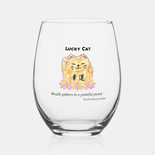 ラッキーキャット – 富は恩のポケットに集まる ステムなしワイングラス (正面)