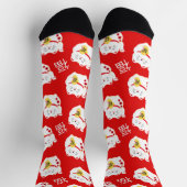 ラッキーキャッ赤と白トパターン（の模様が）ある ソックス (上部)