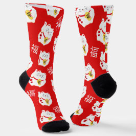 ラッキーキャッ赤と白トパターン(の模様が)ある ソックス