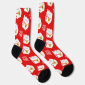 ラッキーキャッ赤と白トパターン（の模様が）ある ソックス (右)