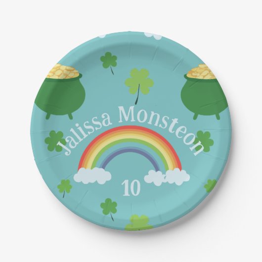 ラッキーグリーンシャムロカラフルックレインボーポットの金ゴールド ペーパープレート (正面)