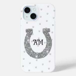 ラッキーシルバーグリッター馬蹄名イニシャル iPhone 15ケース