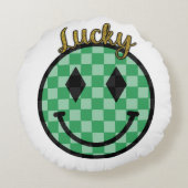 ラッキースマイリーフェイスグリーン市松模様に金ゴールドハッピー顔 ラウンドクッション (裏面)