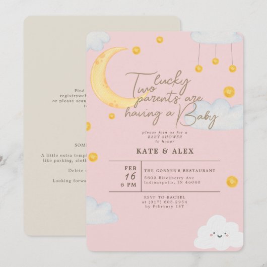 ラッキーセントパトリックの女の子ピンクの赤ちゃんシャワー 招待状 (正面/裏面)