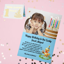 ラッキーダックのフォト ガーリー1歳の誕生日 箔グリーティングカード