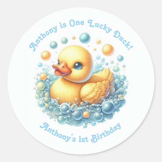 ラッキーダックの1歳の誕生日パーティー ラウンドシール (正面)