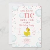 ラッキーダックピンクの1歳誕生日パーティー 招待状 (正面)