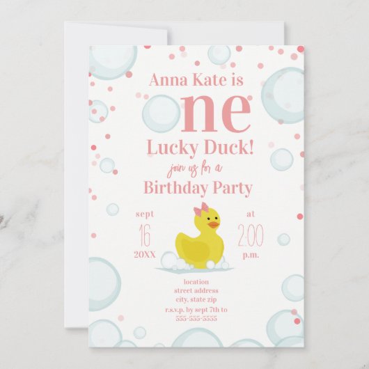 ラッキーダックピンクの1歳誕生日パーティー 招待状 (正面)