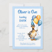 ラッキーダック ブルーギンガム 誕生日テンプレート 招待状 (正面)