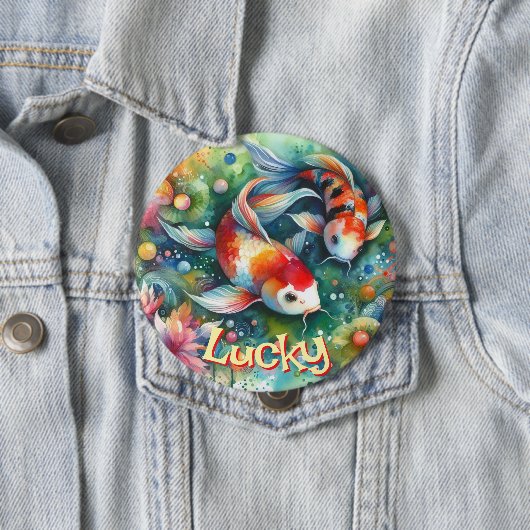 ラッキーニシキゴイの幻想的な水彩パーソナライズデザイン 缶バッジ (インサイチュ)