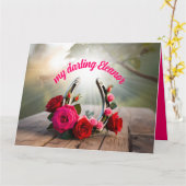 ラッキーパーソナライズされたな蹄鉄とバラの愛 カード (黄色い花)