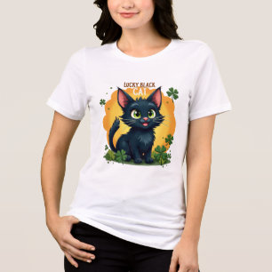 ラッキーブラックキャット:聖パトリックの日クローバー&コインズ トライブレンドTシャツ