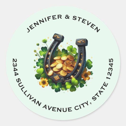 ラッキーホースシューズ金ゴールドコインとクローバーアドレス ラウンドシール (正面)