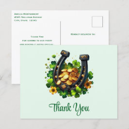 ラッキーホースシューズ金ゴールドコインとクローバーサンキュー ポストカード