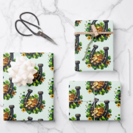 ラッキーホースシューズ金ゴールドコインとクローバーパターン ラッピングペーパーシート