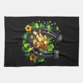 ラッキーホースシューズ金ゴールドコインとクローバー キッチンタオル (横)