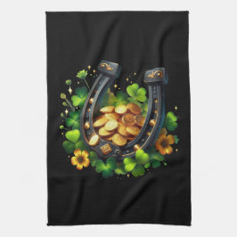 ラッキーホースシューズ金ゴールドコインとクローバー キッチンタオル