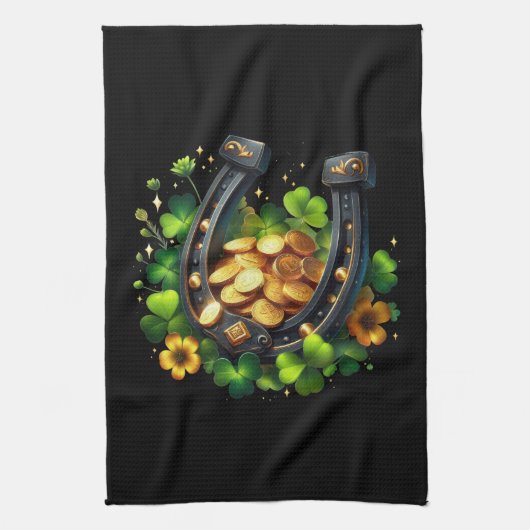 ラッキーホースシューズ金ゴールドコインとクローバー キッチンタオル (縦)