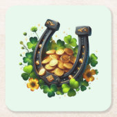 ラッキーホースシューズ金ゴールドコインとクローバー スクエアペーパーコースター (正面)