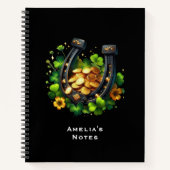 ラッキーホースシューズ金ゴールドコインとクローバー ノートブック (正面)