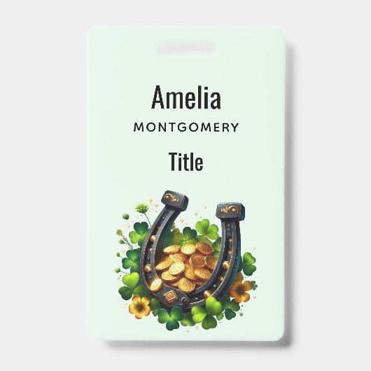 ラッキーホースシューズ金ゴールドコインとクローバー バッジ (表面)