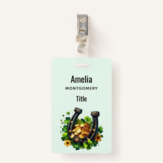 ラッキーホースシューズ金ゴールドコインとクローバー バッジ (正面クリップ)