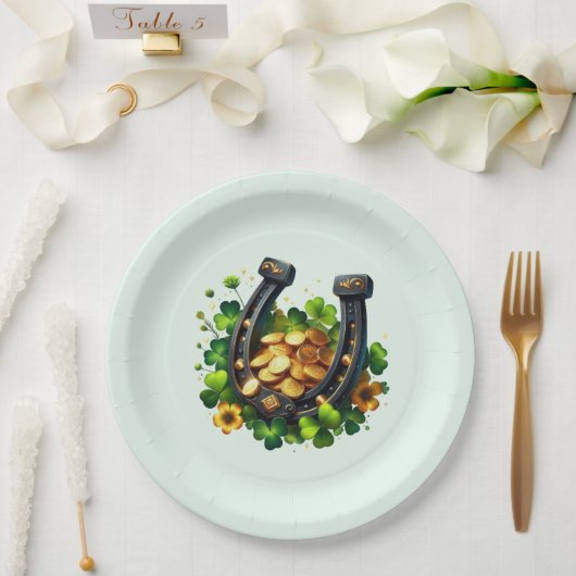 ラッキーホースシューズ金ゴールドコインとクローバー ペーパープレート (ウェディング)