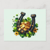 ラッキーホースシューズ金ゴールドコインとクローバー ポストカード (正面)