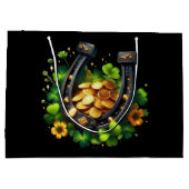 ラッキーホースシューズ金ゴールドコインとクローバー ラージペーパーバッグ (裏面)