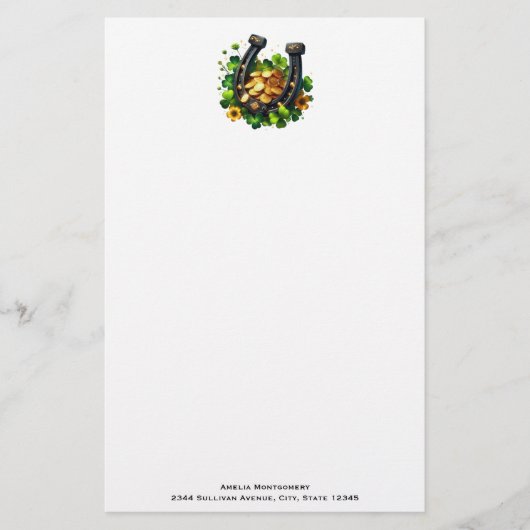 ラッキーホースシューズ金ゴールドコインとクローバー 便箋 (正面)