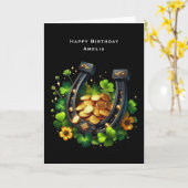 ラッキーホースシューズ金ゴールドコインアンドクローバー誕生日 カード (黄色い花)