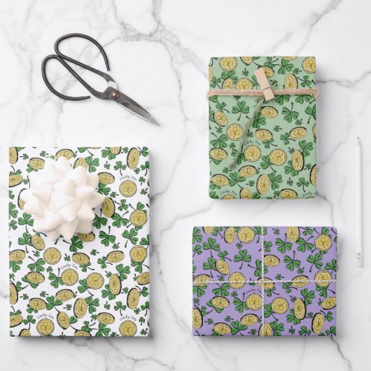 ラッキーユーSt patricks dayシャムロックコインクローバー ラッピングペーパーシート (正面)