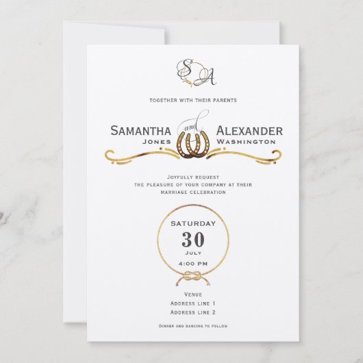 ラッキーラブウェスタン素朴バーンホースシューズ結婚ズ 招待状 (正面)