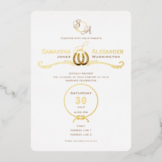 ラッキーラブウェスタン素朴バーンホースシューズ結婚ズ 箔招待状 (正面)