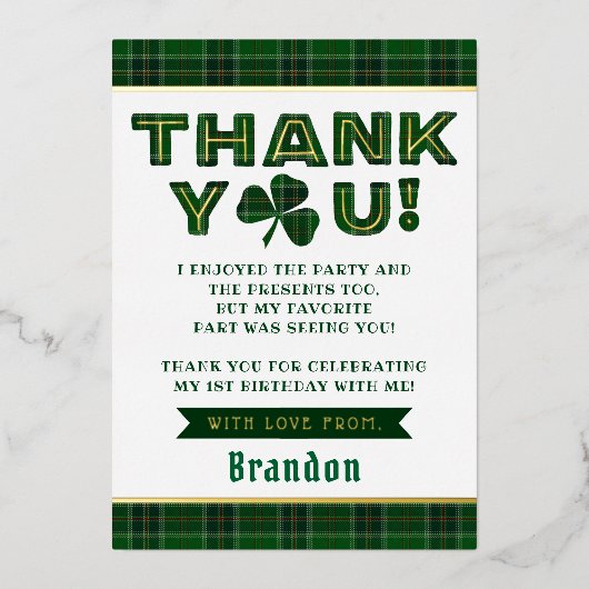 ラッキーリトルシャームロック1st誕生日ありがとうござ実在う 箔招待状 (正面)