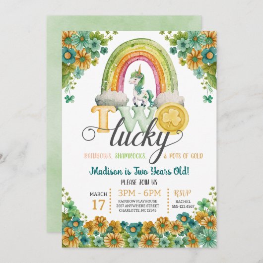 ラッキーレインボーユニコーンサンフラワー2nd誕生日 招待状 (正面/裏面)