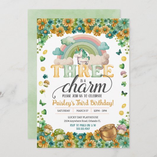 ラッキーレインボーユニコーンスリーアザチャーム誕生日 招待状 (正面/裏面)